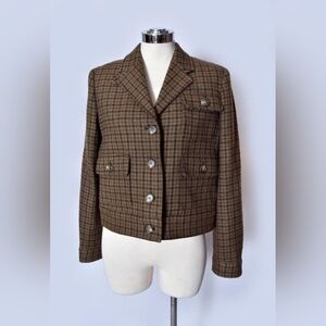 Lauren Ralph Lauren Olive Houndstooth Cropped Blazer (100% Wool) Runs Small